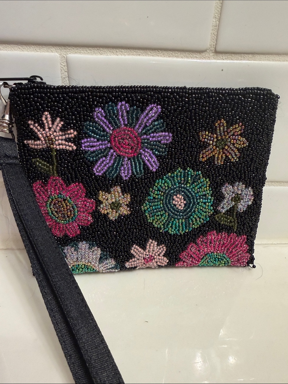Beaded Floral Wristlet Pouch - Black with Pink & Green Flowers